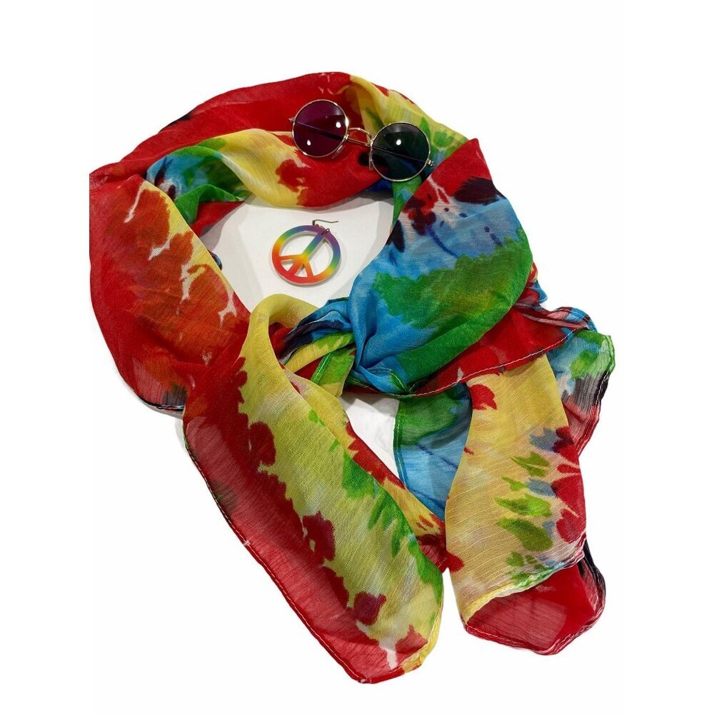 Tie-Dye Spiral Pattern Sheer Scarf‎ Hippie Sunglasses Rainbow Peace Sign Earring